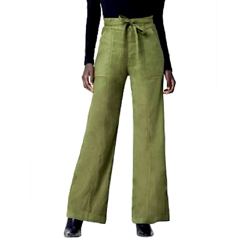Hudson Tie-Waist Wide Leg Linen Trousers Cypress Sz 28